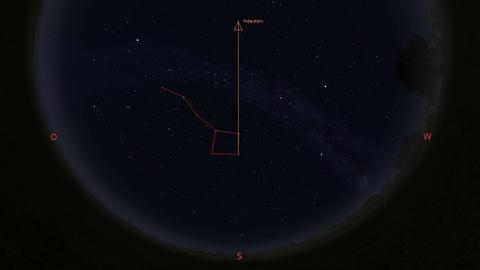 Mit Hilfe des himmlischen "SUV", das aus Sternen des Pegasus, der Andromeda und der Perseus zusammengefügt ist, lässt sich im Herbst die Position des Polarsterns und damit die Nordrichtung finden (Stellarium)