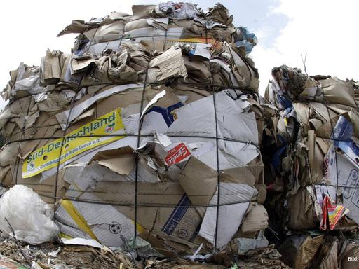 Meterhohe gepresste Altpapierblöcke auf einem Recylinghof