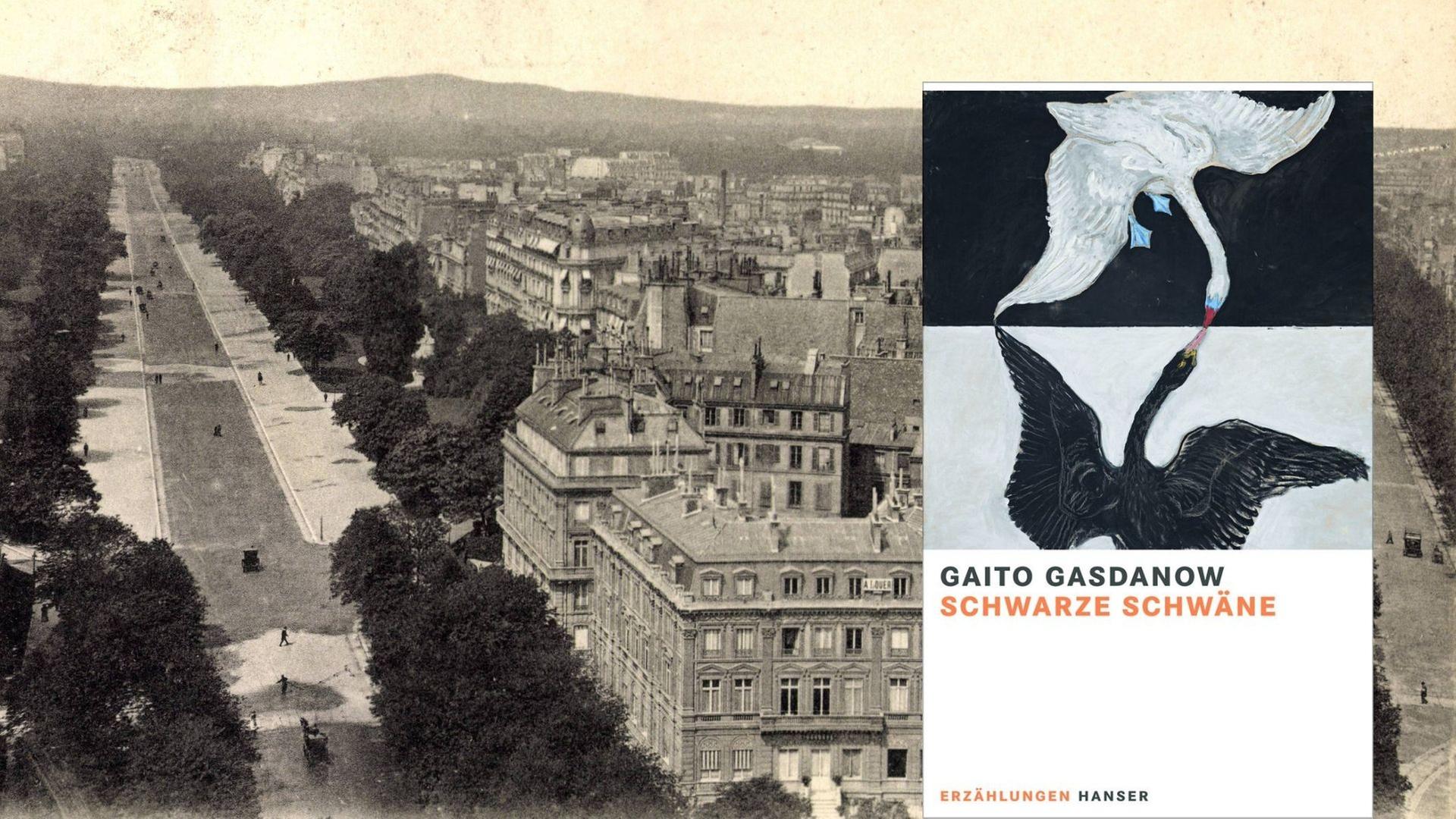 Cover von Gaito Gasdanows "Schwarze Schwäne", im Hintergrund Les Avenues du Bois de Boulogne, Paris um 1935