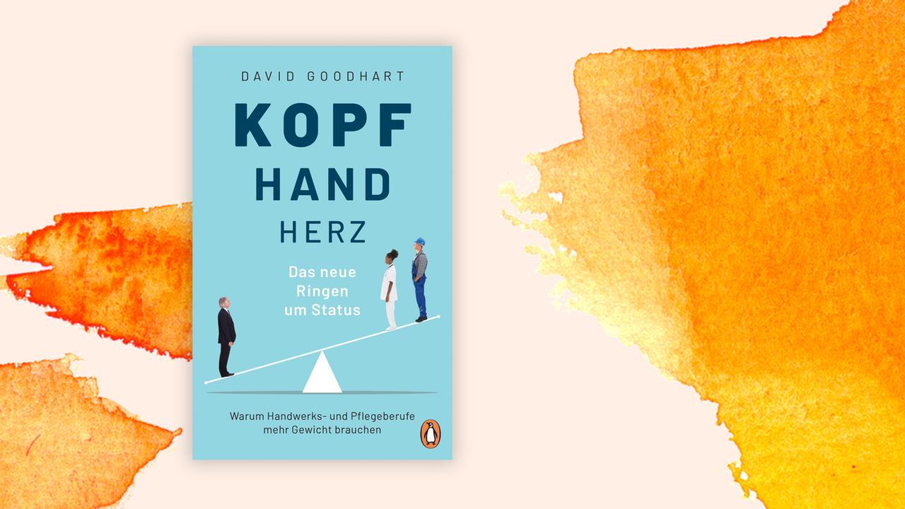 Das Cover von David Goodharts Buch "Kopf, Hand, Herz, Das neue Ringen um Status: Warum Handwerks- und Pflegeberufe mehr Gewicht brauchen" auf orange-weißem Hintergrund.