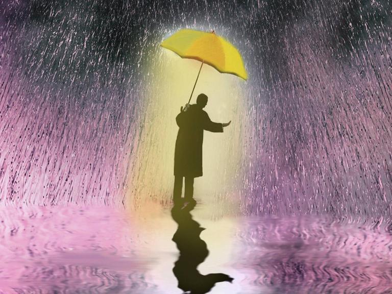 Ein Mensch unter einem gelben Regenschirm prüft den fallenden Regen. Er steht in einer dunklen Umgebung, unter dem Schirm ist aber heller Lichtschein.