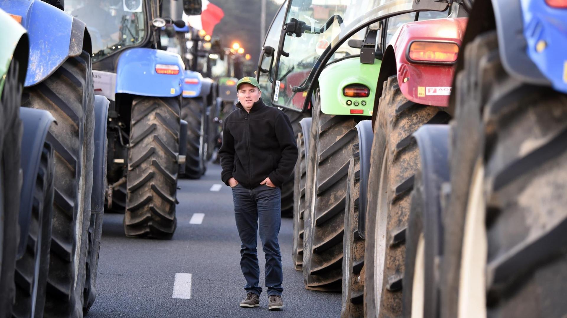 Traktoren stehen in zwei langen Reihen auf der Straße, dazwischen ein Mann.