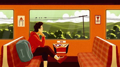 Mann mit Rucksack schaut aus dem Zugfenster (Illustration).