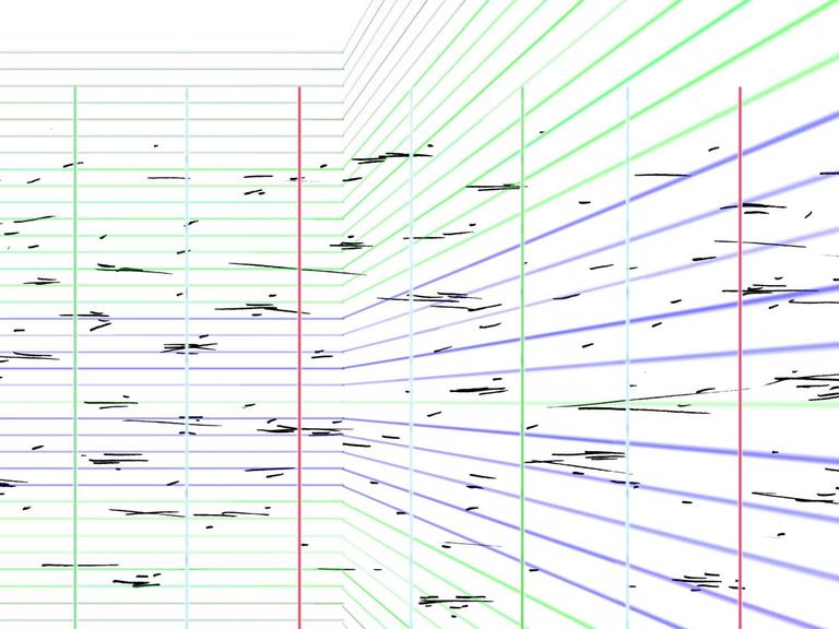 Zarte dynamische Linien innerhalb konkurrierender Raster, in grün, blau, rot und schwarz
