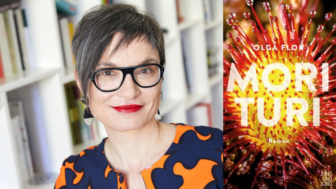 Ein Portrait der Schriftstellerin Olga Flor und das Buchcover ihres Romans "Morituri"