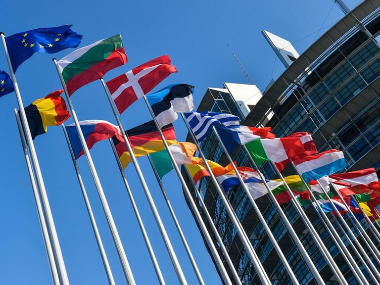 Flaggen wehen vor dem Europaparlament in Straßburg