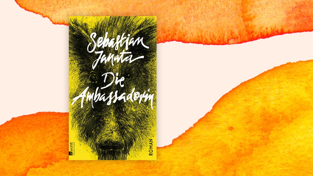 Gelbes Buchcover zu Sebastian Jonatas Roman "Die Ambassadorin", mit der Zeichnung eines Wildschweinkopfes, vor einem Aquarell-Hintergrund.