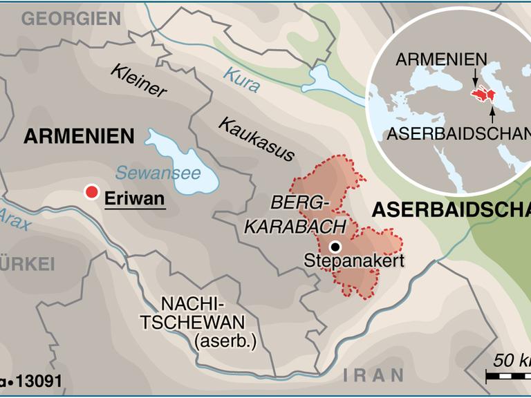 Eine Landkarte des Konfliktgebietes Berg-Karabach im Südkaukasus.