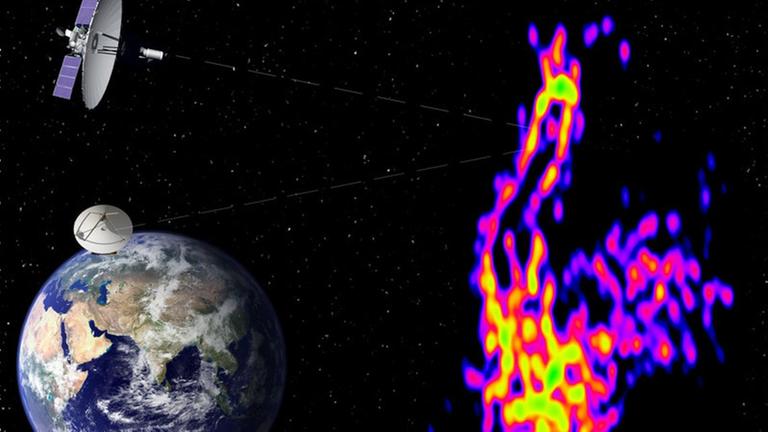 RadioAstron hat gemeinsam mit Teleskopen auf der Erde die Umgebung des Schwarzen Lochs Perseus A beobachtet (schematische Darstellung)