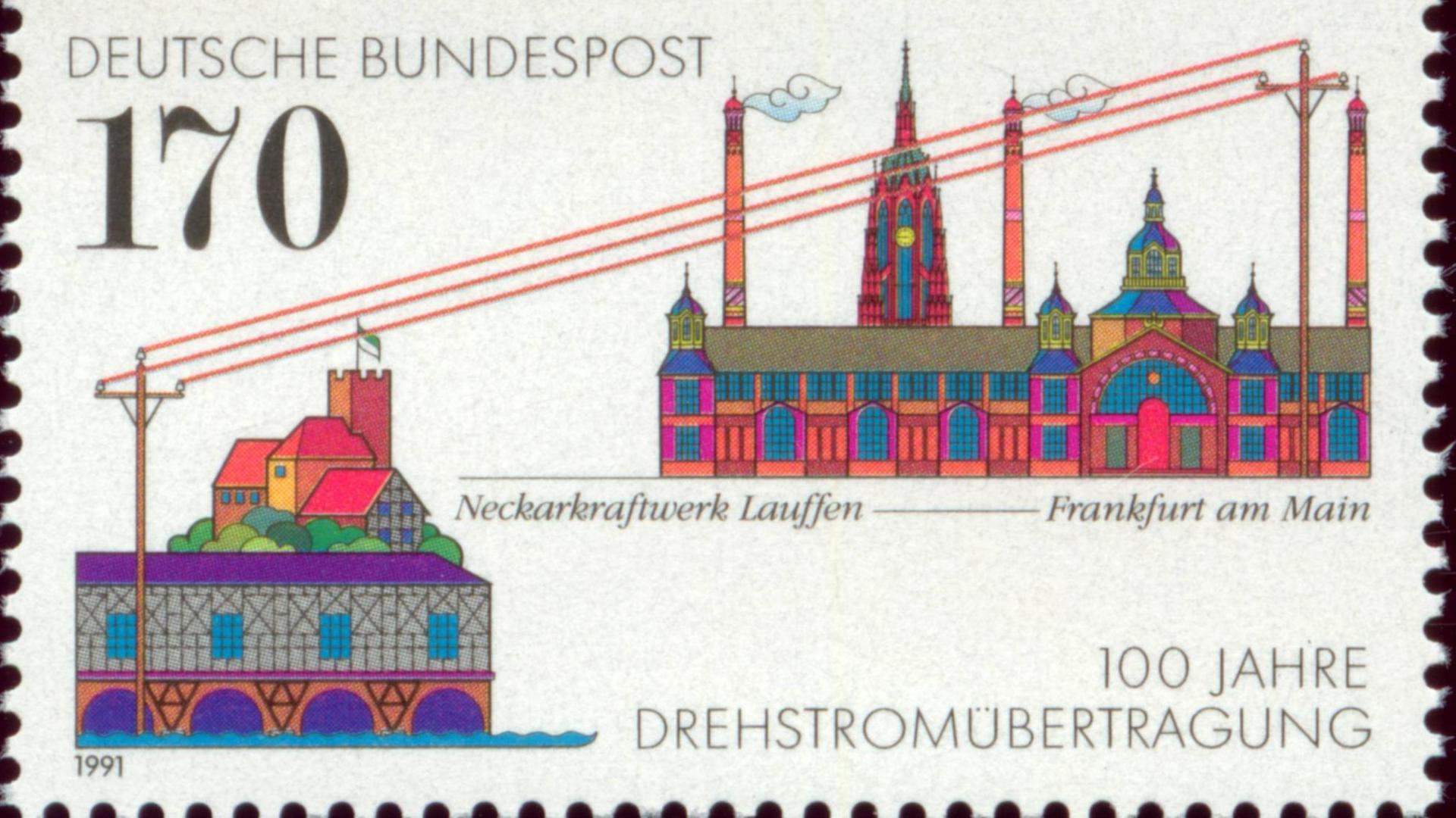 Auf einer Sonder-Biefmarke der deutschen Bundespost von 1991 ist die erste Drehstromübertragung zwischen dem Neckarkraftwerk Lauffen und Fankfurt am Main 100 Jahre zuvor dargestellt Mit einer Sondermarke erinnerte die Deutsche Bundespost 1991 an die Drehstromübertragung zwischen dem Neckarkraftwerk Lauffen und Fankfurt am Main 100 Jahre zuvor