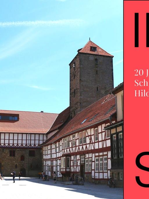 Zu sehen ist der Campus des Literaturinstituts Hildesheim und das Cover des Buches "Institutsprosa".