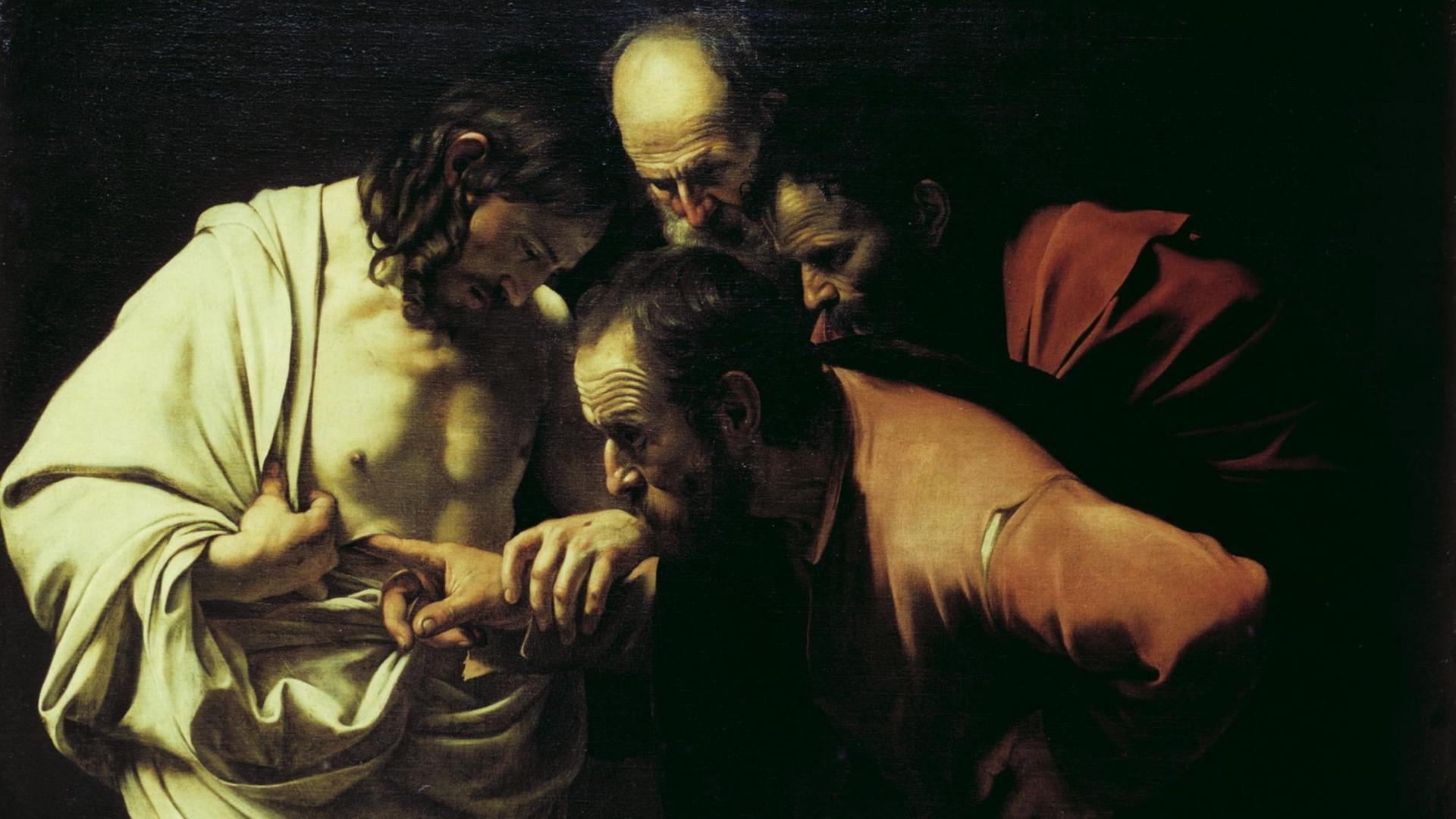In Caravaggios Bild "Der ungläubige Thomas" um 1595/1600 wird neugierig die erlangte Wunde von den Beteiligten betrachtet.