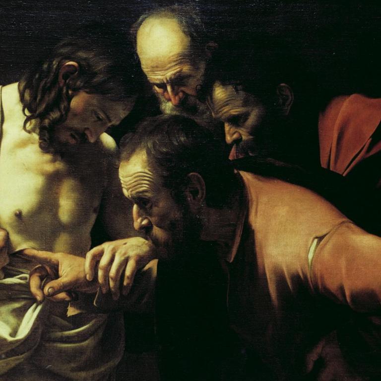 In Caravaggios Bild "Der ungläubige Thomas" um 1595/1600 wird neugierig die erlangte Wunde von den Beteiligten betrachtet.