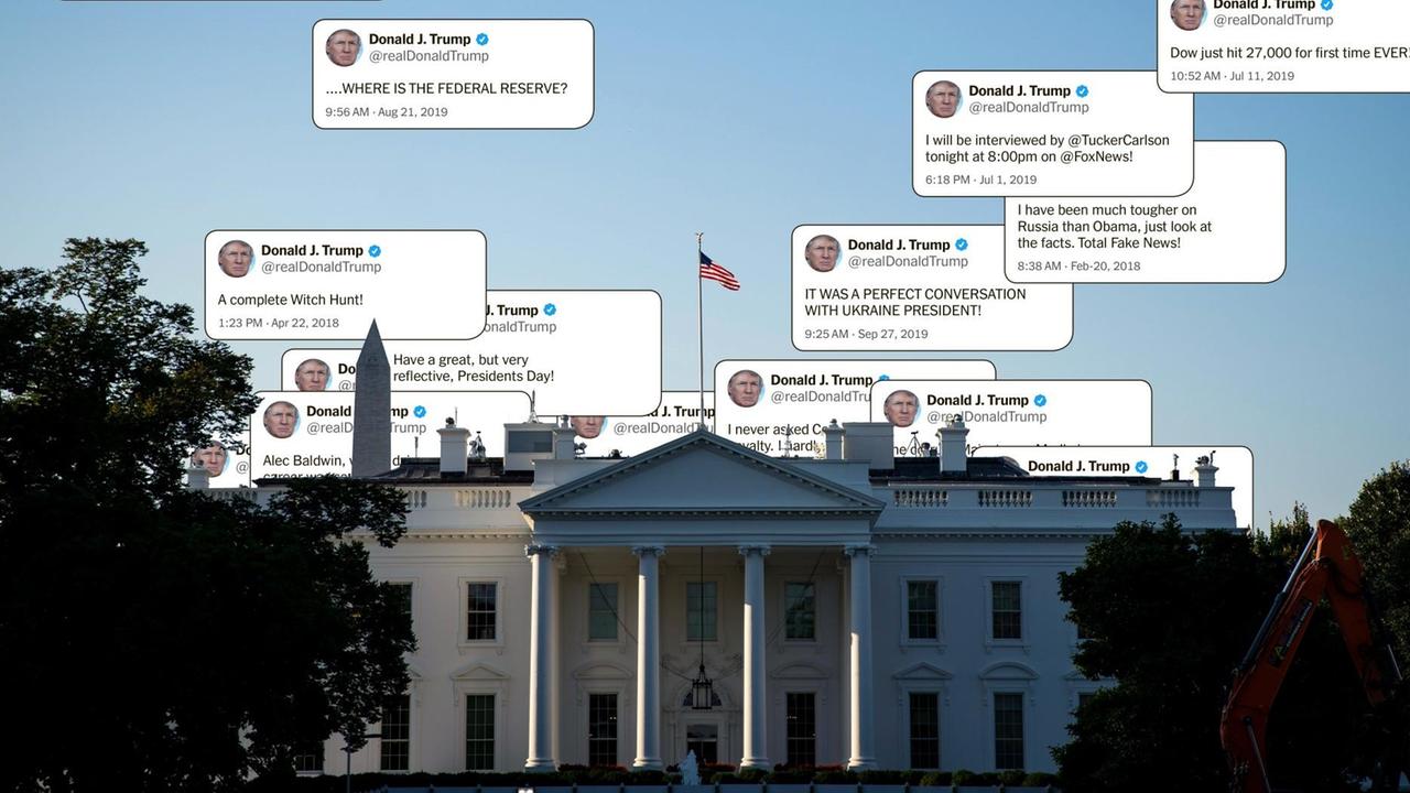 Über dem weißen Haus steigen Tweets von Donald Trump in den Himmel. (Illustration)