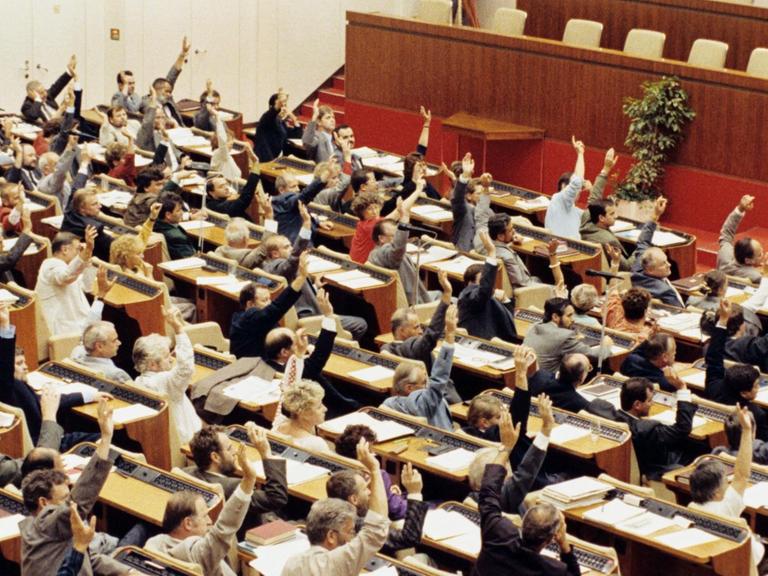 Die Mitglieder der DDR-Volkskammer bei der Abstimmung über den Beitritt zur BRD am 23. August 1990.