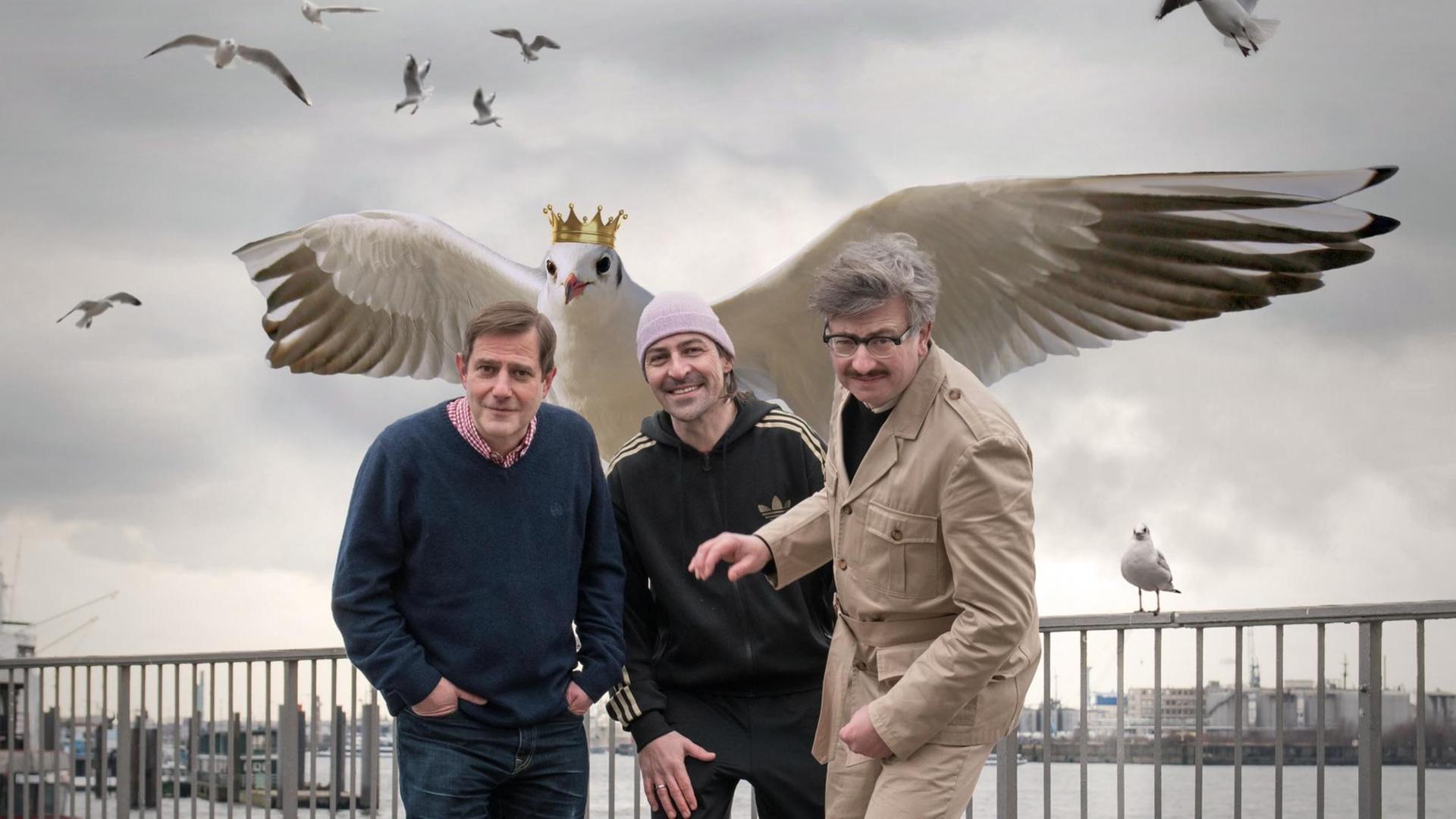 Auf dem Bild sind der Musiker Andreas Dorau, der Autor Gereon Klug und der Regisseur Patrick Wengenroth zu sehen. Hinter ihnen kommt eine computergenerierte Möwe angeflogen. Auf dem Kopf trägt sie eine Krone