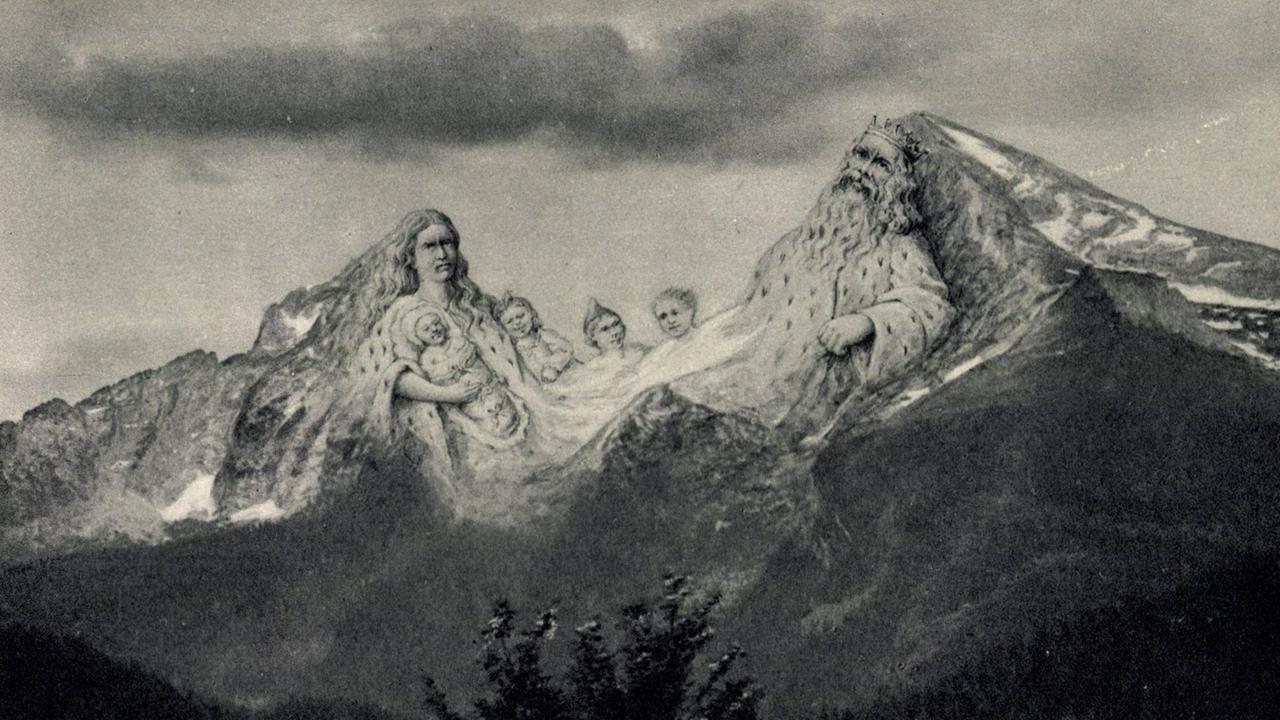 Eine alte Postkartenzeichnung zeigt eine Darstellung des Watzmann-Kalkmassivs: In den Felsen zu sehen ist König Watze und seine Familie