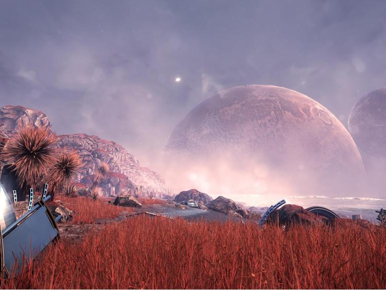 Ein Bild aus dem Spiel "The Solus Project" - mehrere Planeten sind nah am Himmel über einer fremdartigen Landschaft zu sehen