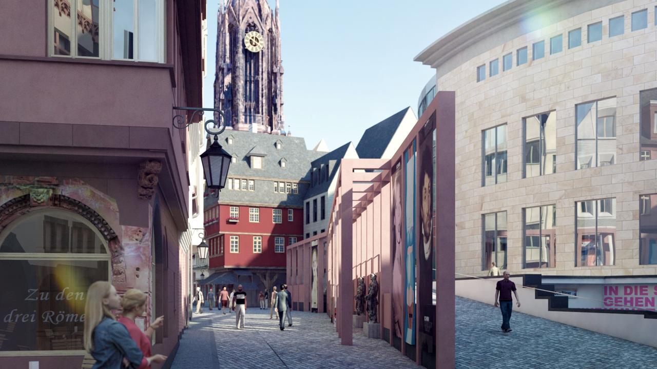 Die Computerdarstellung zeigt die Rekonstruktion der Frankfurter Altstadt mit der geplanten Pergola (M), die auf etwa 50 Metern den historischen Krönungsweg an der Kunsthalle Schirn (r) abgrenzen soll. 