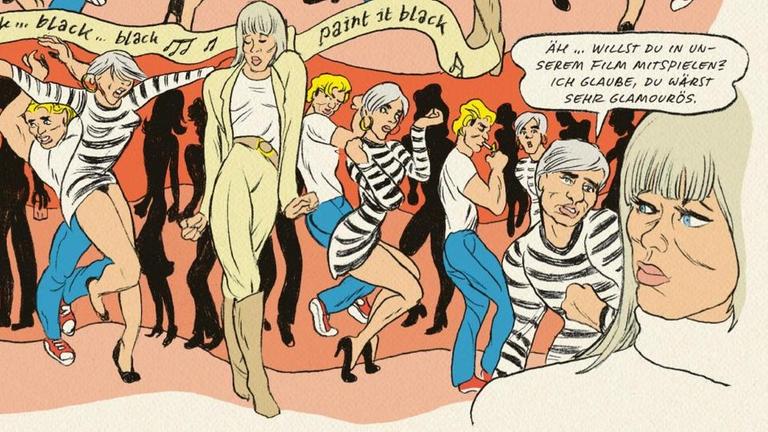 Eine Szene aus dem Comic "Andy – A Factual Fairytale. Leben und Werk von Andy Warhol" von Typex, in der Andy Warhol mit Nico tanzt