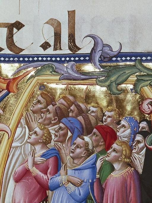 Anfangsbuchstabe eines Chorals, verzierte Seite eines Chorbuches mit der Darstellung von mittelalterlichen Mönchen.