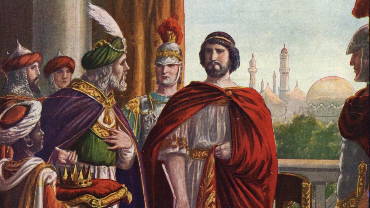 Der römische Kaiser Julian im Jahr 363 während der Römisch-Persische Kriege gegen den persischen Großkönig Schapur II. Illustration von Tancredi Scarpelli (1866-1937)