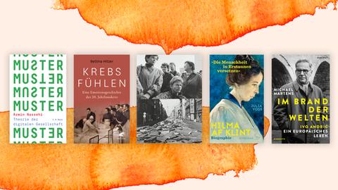 Buchcover der fünf nominierten Bücher für den Sachbuchpreis der Leipziger Buchmesse 2020 auf einer orangenen Fläche.