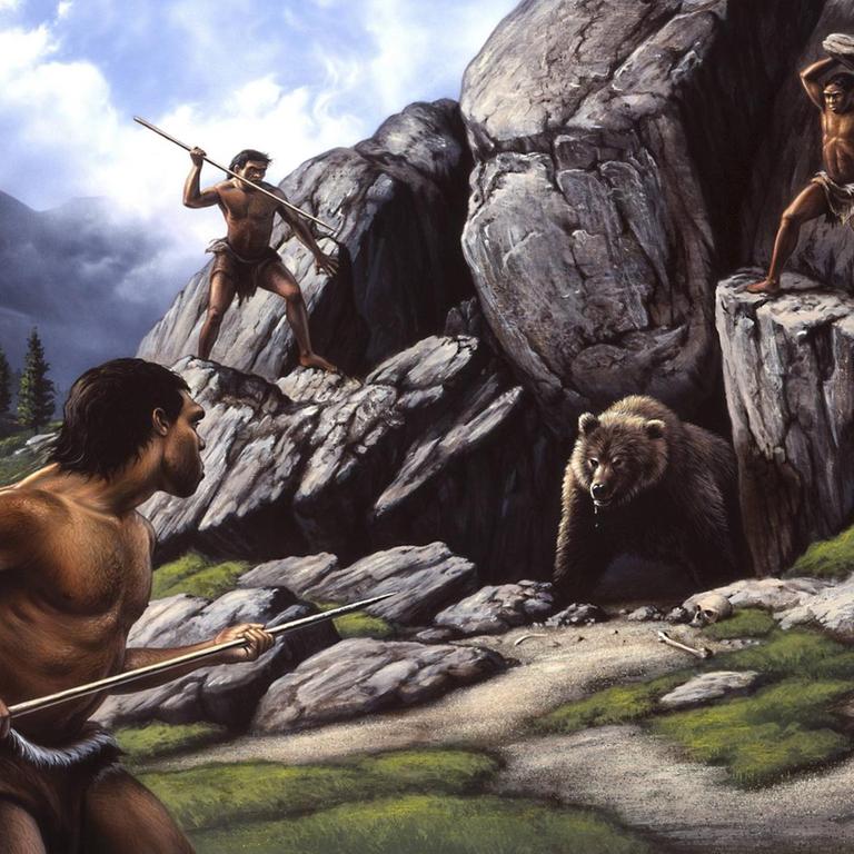 Sie sehen eine Zeichnung, auf dem Neandertaler einen Höhlenbären jagen.