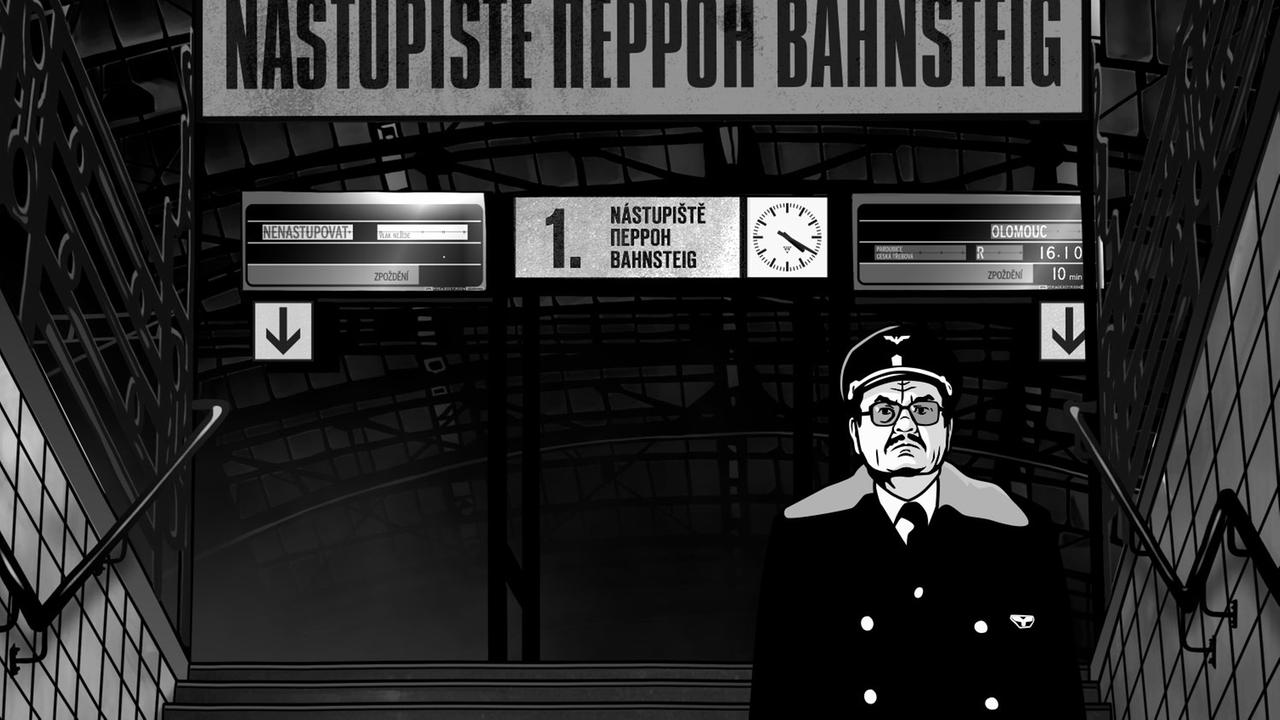 Szene aus Tomás Lunáks Verfilmung von "Alois Nebel": Ein ernst schauender Bahnwärter auf den Treppen eines Bahnsteigs, weiße Kacheln an den Wänden rechts und links - alles in schwarz-weiß