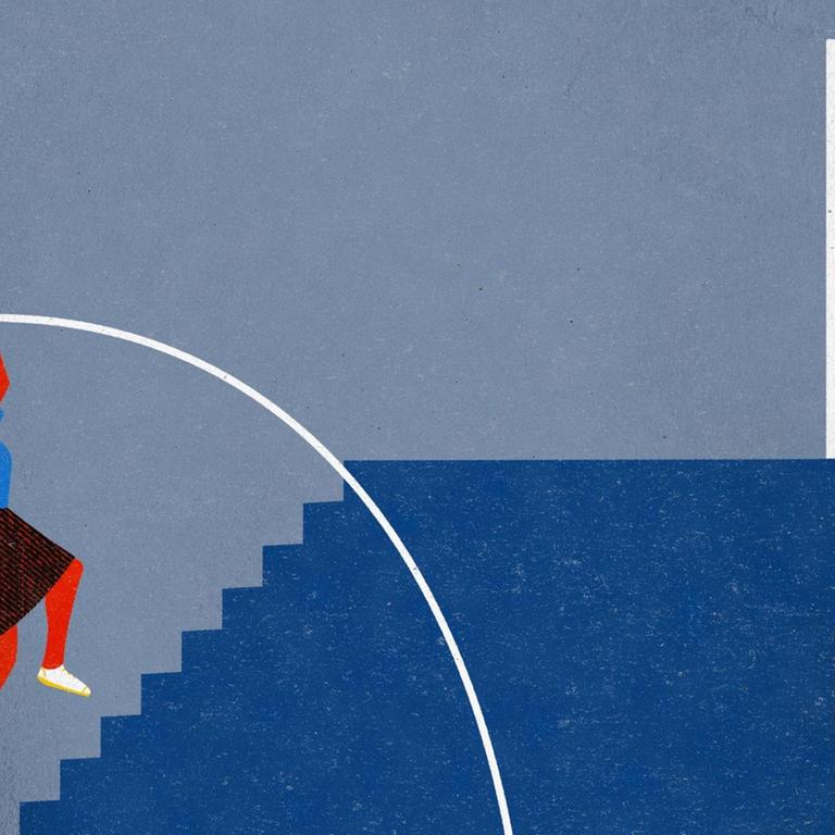 Die Illustration zeigt eine Frau, die mit einem Hochsprung-Stab eine Treppe aufwärts überwindet.
