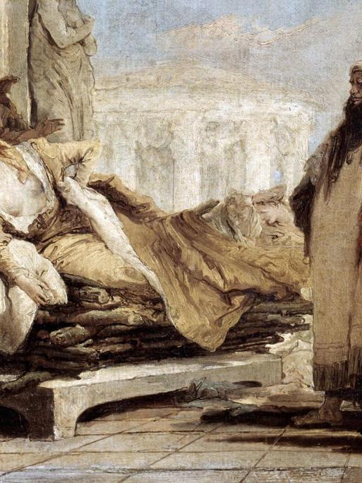 Eine aufgebahrte, sterbende Frau in einem antiken Setting, umringt von Männern