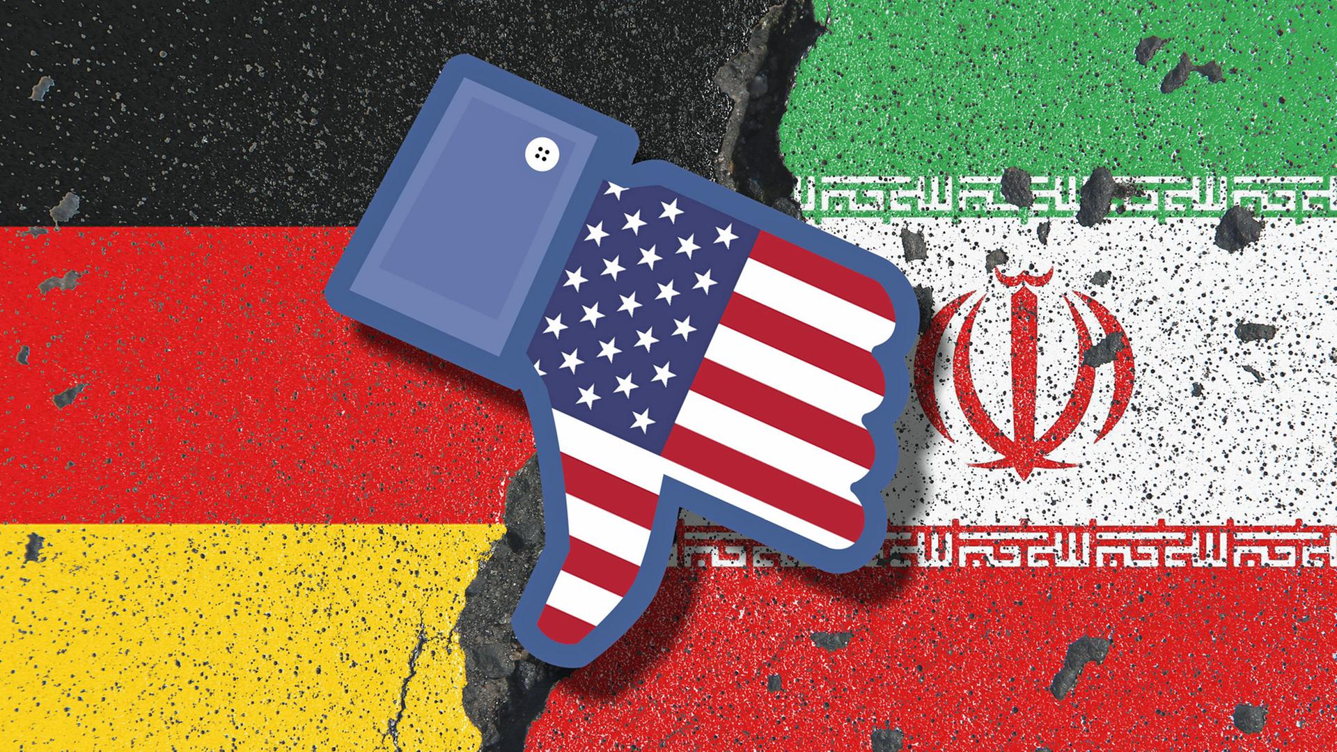 Ein Symbolbild zeigt erodierende Flaggen Irans und Deutschlands mit abwärts gerichtetem Dislike-Daumen mit einer Flagge der USA.