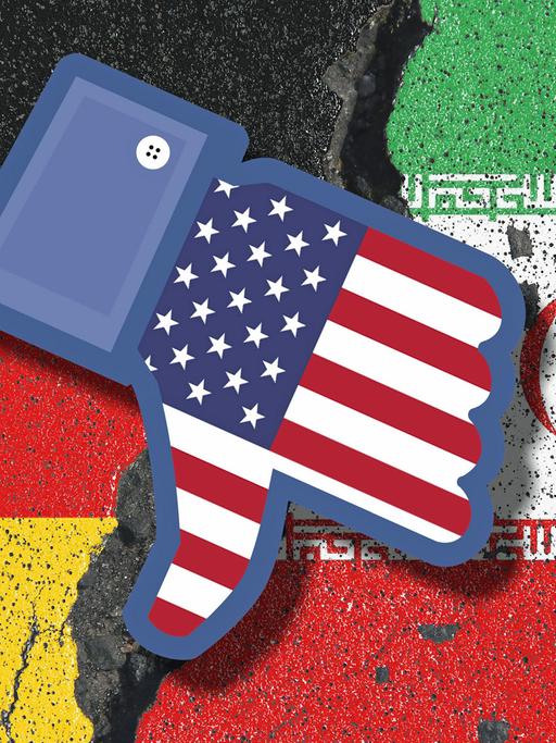 Ein Symbolbild zeigt erodierende Flaggen Irans und Deutschlands mit abwärts gerichtetem Dislike-Daumen mit einer Flagge der USA.