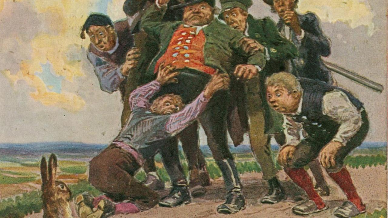 "Die sieben Schwaben". Bildpostkarte nach Aquarell von Paul Hey, aus der Serie: Paul Hey, 12 Märchen, 1910.