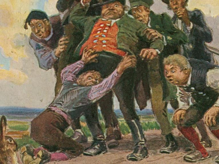 "Die sieben Schwaben". Bildpostkarte nach Aquarell von Paul Hey, aus der Serie: Paul Hey, 12 Märchen, 1910.