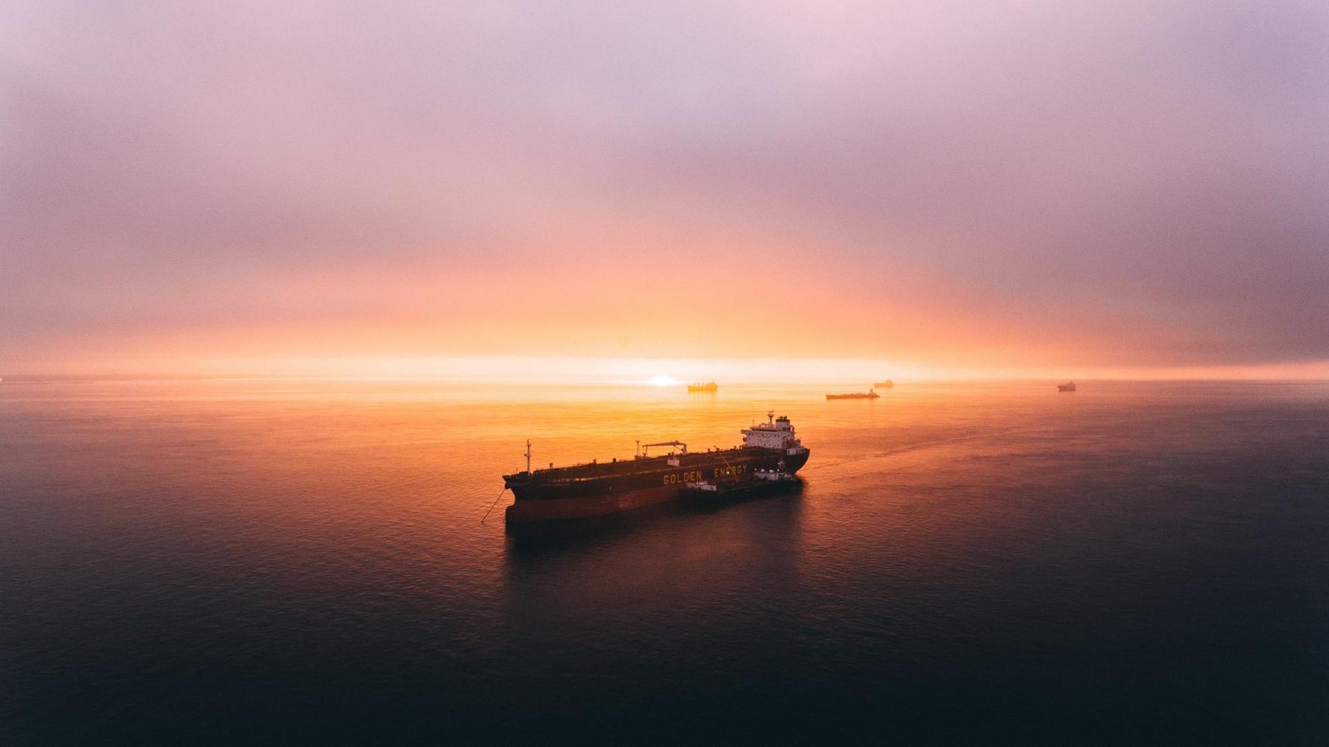 Der Frachter "Golden Energy" fährt im goldenen Morgenlicht durch den Hafen von San Francisco.