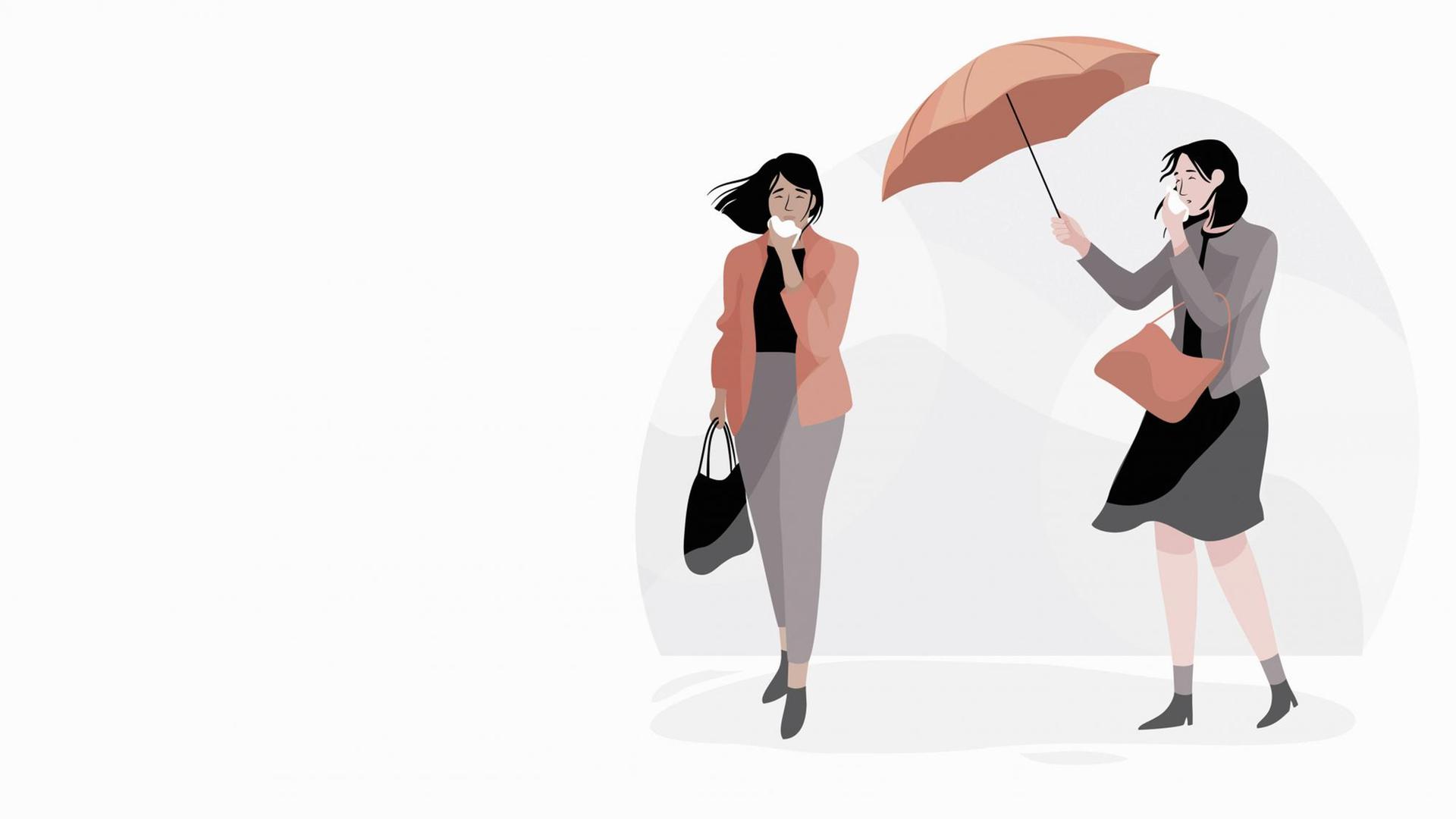Illustration: Zwei Frauen im Freien mit Erkältungen an windigen Tagen. Ein hält einen zur Seite wehenden Regenschirm.