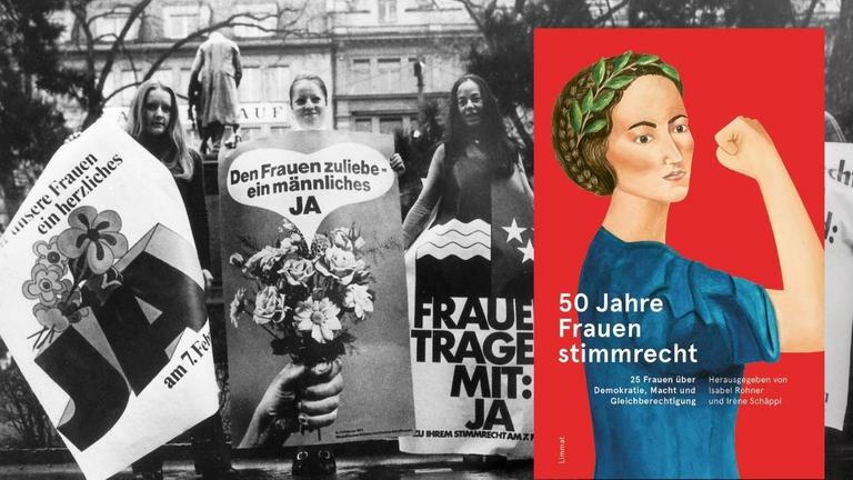 Hintergrund: Mit Plakaten werben Frauen des Aktionskomitees "Ein Ja für die Frau" am 5. Februar 1971 in der Schweiz für das Frauenstimmrecht. Vordergrund: Buchcover