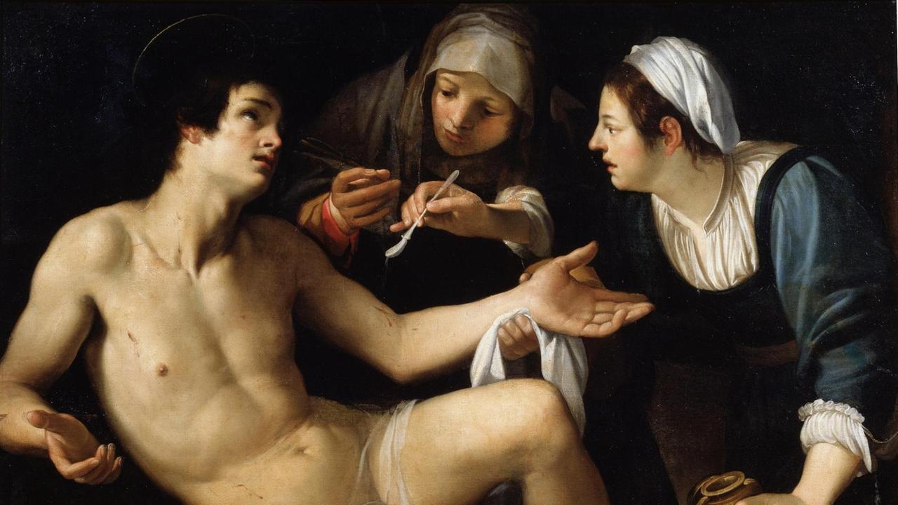Am Boden liegend wird der heilige Sebastian versorgt nach seinem Märtyrium. Gemalt Ende 16. oder Anfang 17. Jahrhundert.