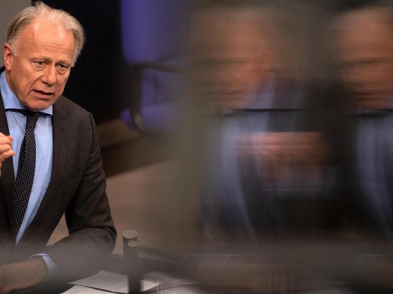 Jürgen Trittin (Grüne) spricht im Bundestag, das Bild rechts wird unscharf