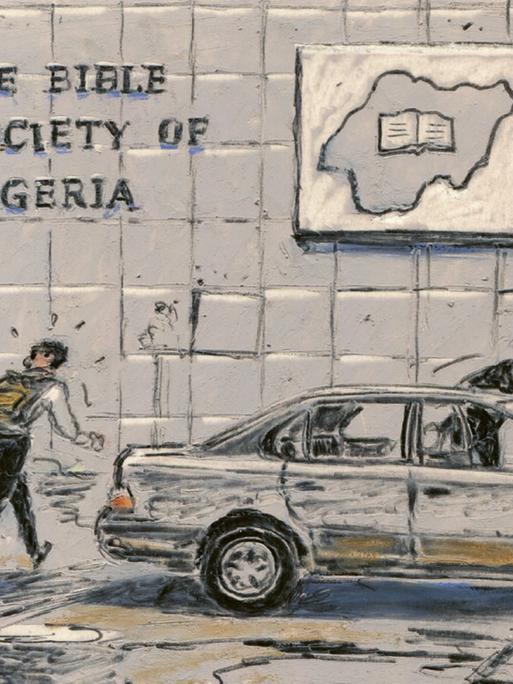 Zeichnung aus dem Comic "Salzhunger": Zwei Männer und eine Frau eilen zu einem Auto