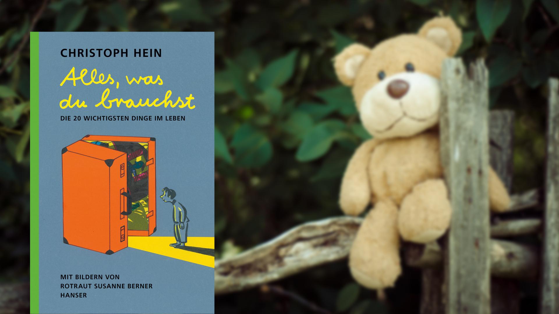 Im Vordergrund das Cover von Christoph Heins "Alles, was du brauchst" mit einem Kind, das vor einem geöffneten, überdimensionalen Koffer steht. Im Hintergrund ein Teddybär, der auf einem Holzzaun sitzt.