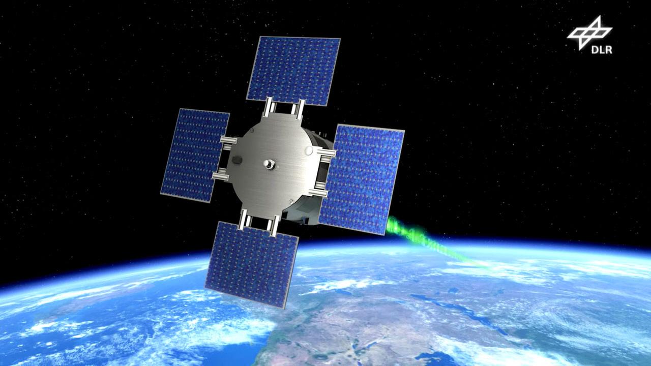Darstellung des Satelliten Eu:Cropis des Deutschen Zentrums für Luft- und Raumfahrt. Er wird zwei Gewächshäuser im All unter Mond- und Marsbedingungen betreiben.