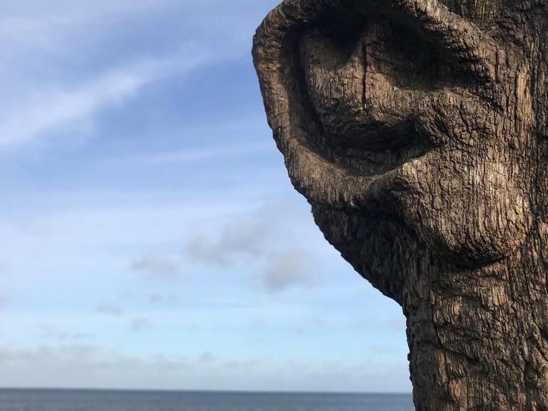 Neben einem Natur-Panorama unter freiem Himmel und Meer ist eine Baumskulptur mit einem geschnitzten Ohr zu sehen.