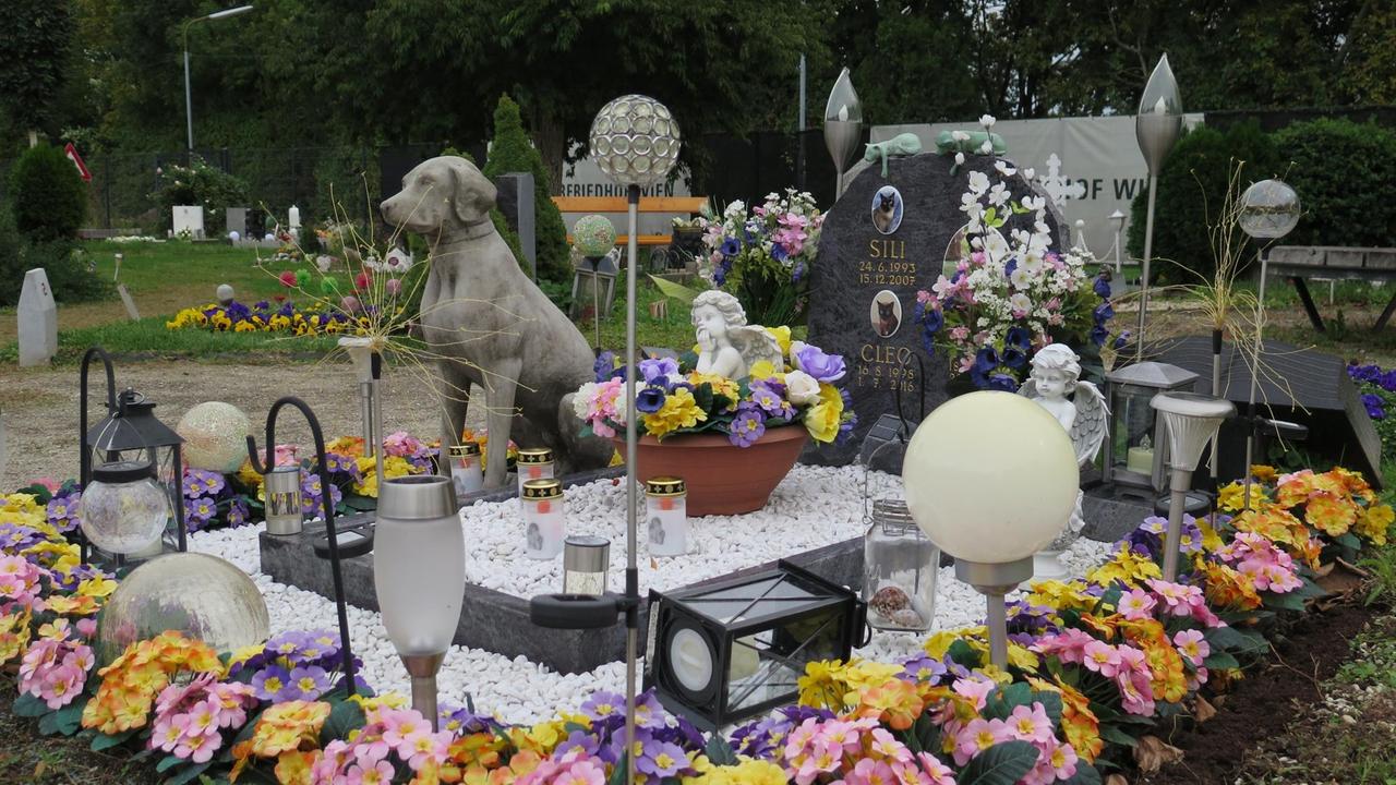 Ein von Blumen umsäumtes Grab auf dem Wiener Tierfriedhof, mit einer großen Hundeskulptur.