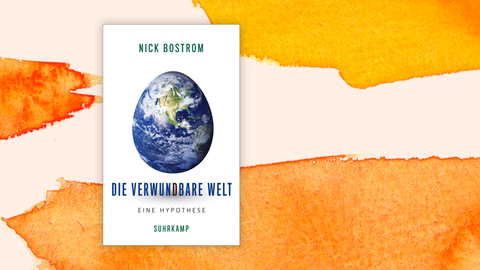 Cover von Nick Bostrom "Die verwundbare Welt" vor Aquarell-Hintergrund