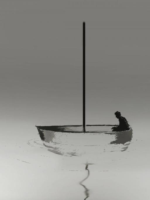 Illustration einer Figur im Segelboot, ohne Segel bei Windstille