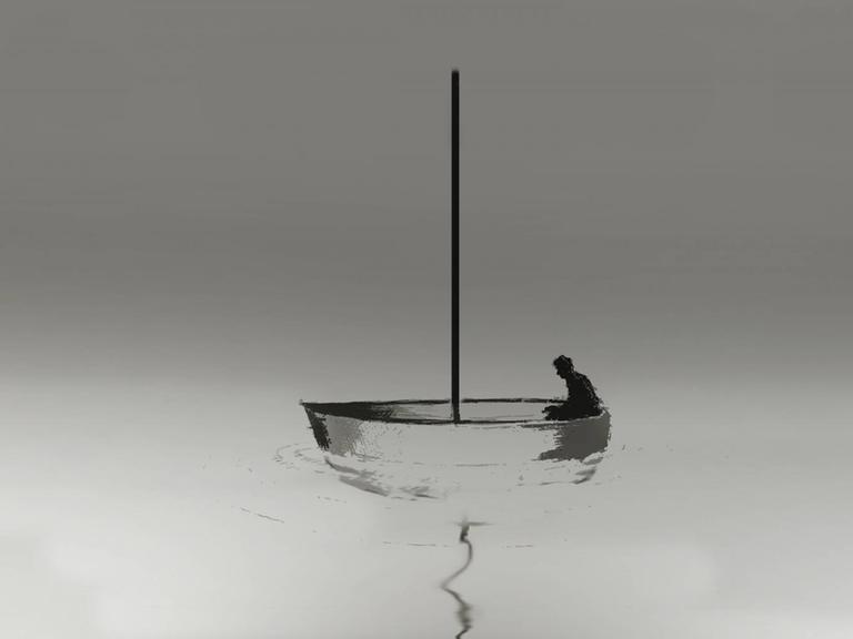 Illustration einer Figur im Segelboot, ohne Segel bei Windstille
