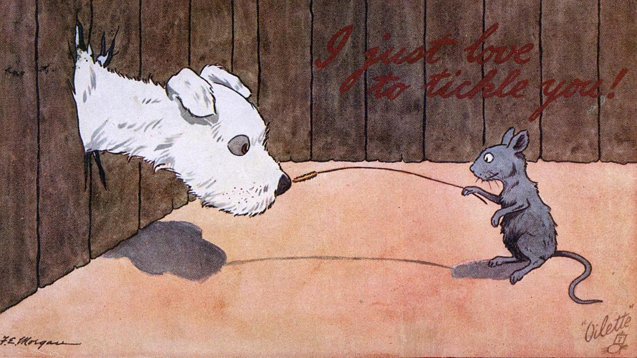 Die Illustration zeigt eine freche Maus, die einen weißen Hund spielerisch mit einem Strohhalm an der Nase kitzelt.  (Illustration von F. E. Morgan auf einer Raphael Tuck 'Oilette'-O`Postkarte. | Keine Weitergabe an Wiederverkäufer.