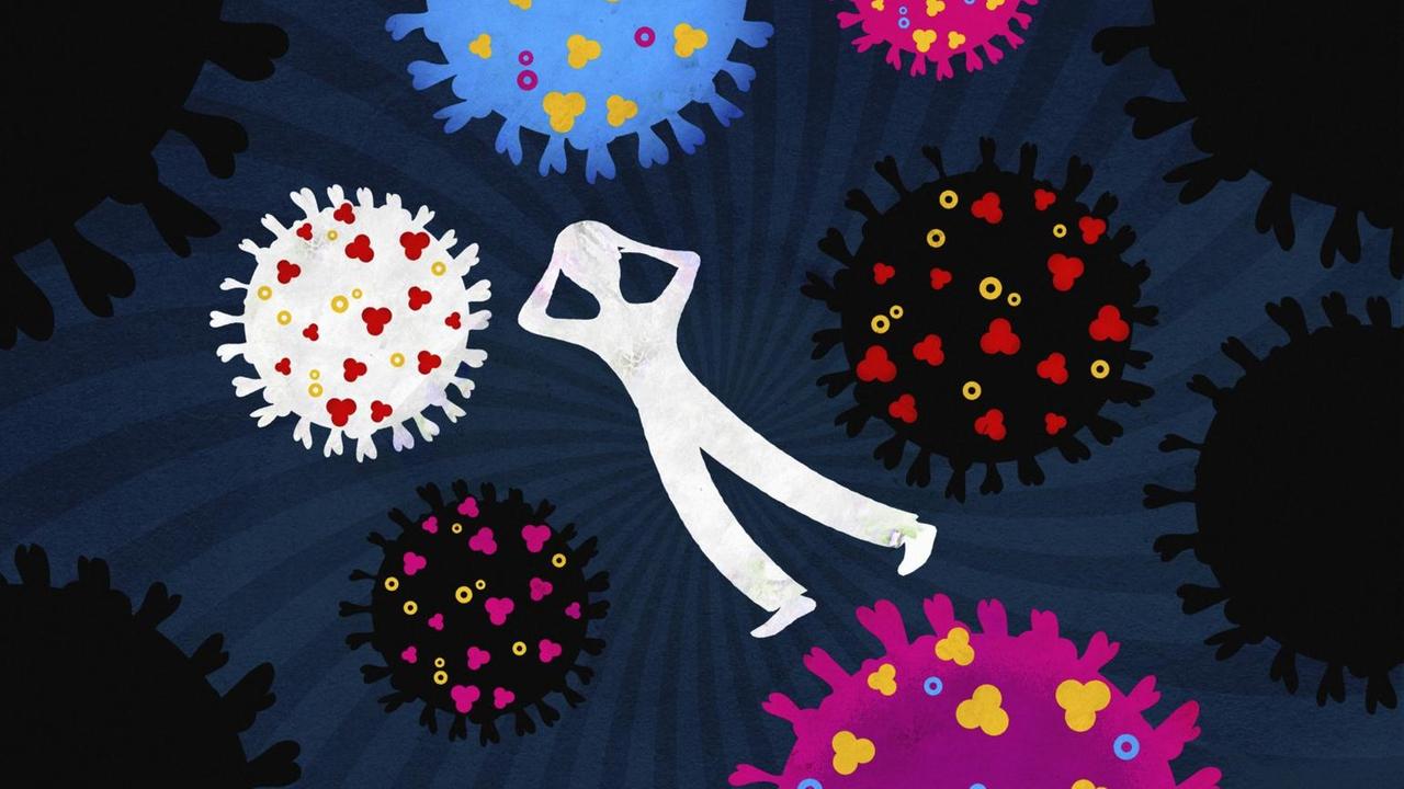 Vom Coronavirus umgebene Figur in Panik (Illustration)